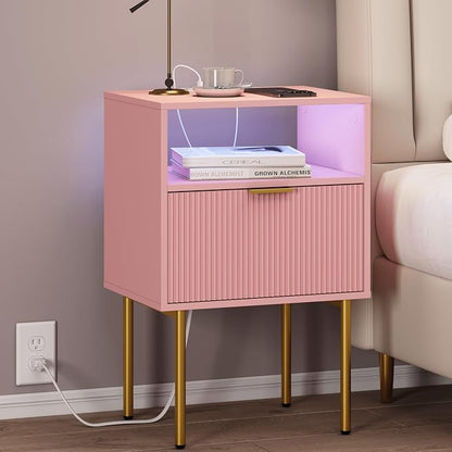 JOONEE Modern Nightstand with Charging Station and LED Lights, White Bedside Table with Drawer, Fluted Side Table for Living Room, Bedroom
