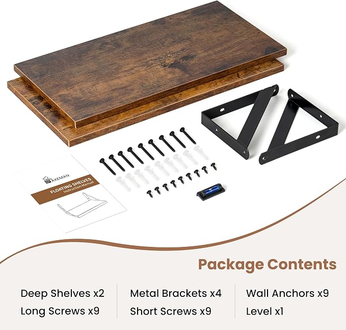 Axeman Floating Shelves for Wall, 8 Inch Deep Brown Wall Shelves Set of 2, 16''W x 8''D Rustic Brown Wood Shelves for Bookshelf Living Room Bedroom Home Office Bathroom