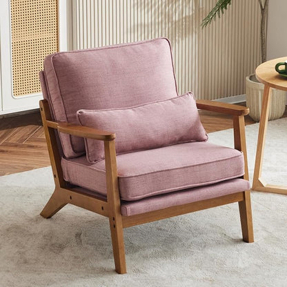 Karl home Mid-Century Lounge Accent Chair, Pink | Wide Curved Armrest, Linen Fabric, Lumbar Pillow Included, Solid Wood Frame, For Living Room, Bedroom, Balcony, Apartment