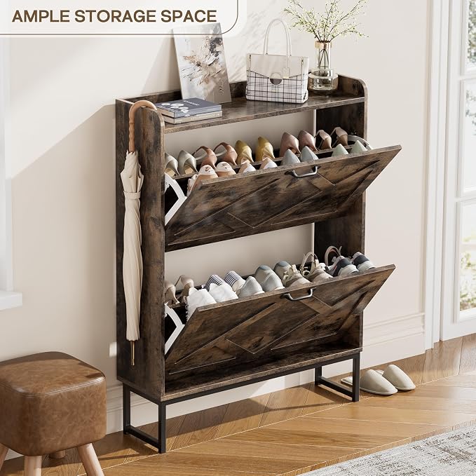 Nicetree Shoe Cabinet with 2 Flip Drawers, Freestanding Shoe Storage Cabinet with Metal Legs, Farmhouse Shoe Organizer for Entryway, Foyer, Hallway