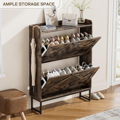 Nicetree Shoe Cabinet with 2 Flip Drawers, Freestanding Shoe Storage Cabinet with Metal Legs, Farmhouse Shoe Organizer for Entryway, Foyer, Hallway