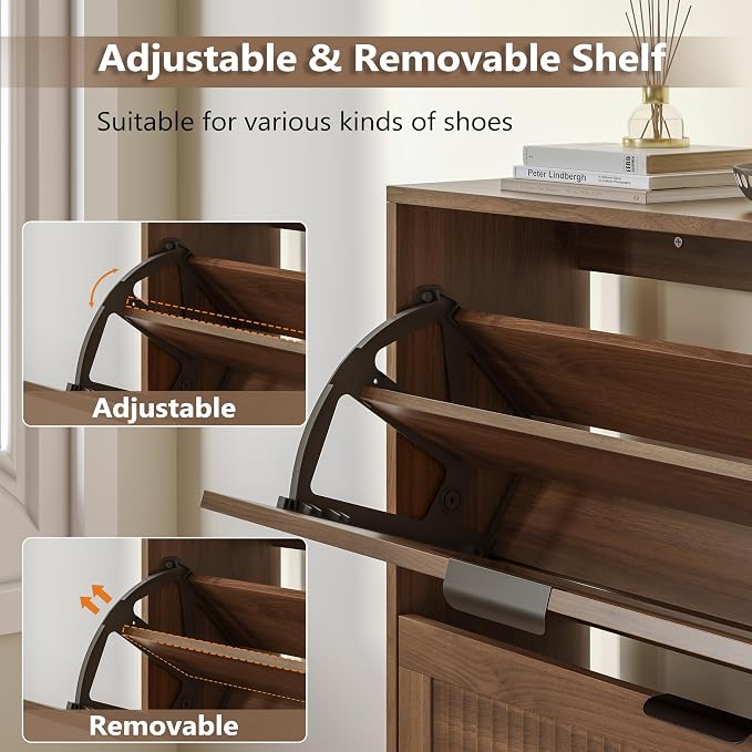 BORNOON Shoe Cabinet for Entryway with 4 Flip Drawers, Slim Wooden Shoe Storage Organizer with Modern Fluted Pannel，Freestanding Narrow Hidden Shoe Rack for Hallway, Foyer, Living Room