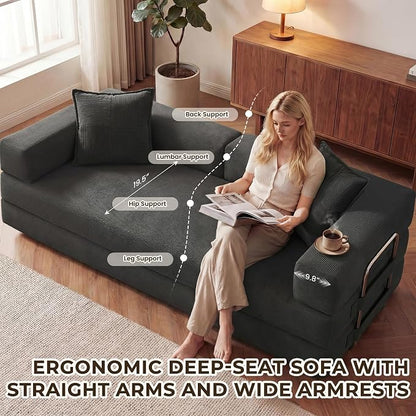 GRUSIGN 78 Inch Convertible Sofa Bed, 5-in-1 Futon Sofa Bed Pull Out Couch, Boneless Couch Bed for Living Room, Corduroy Boneless Couches for Bedroom, Apartment, No Assembly Sleeper Sofa Bed, Gray