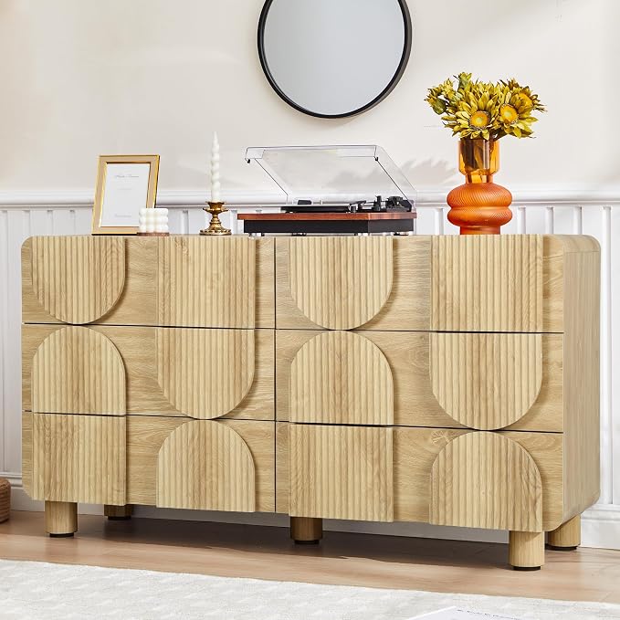 Fluted Dresser for Bedroom with 6 Drawers, 54" Wide Mid Century Modern Chest of Drawers , Wooden Curved Dresser TV Stand, Wood Closet Clothes Storage Organizer for Living Room, Hallway, Natural