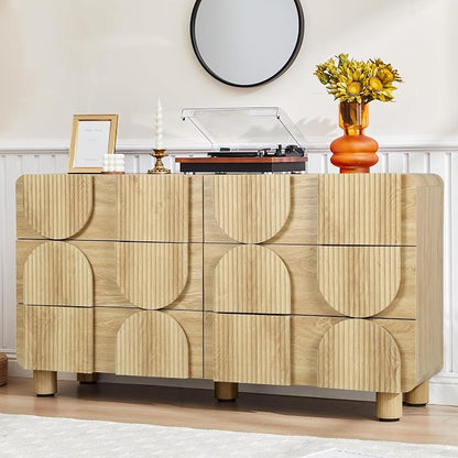 Fluted Dresser for Bedroom with 6 Drawers, 54" Wide Mid Century Modern Chest of Drawers , Wooden Curved Dresser TV Stand, Wood Closet Clothes Storage Organizer for Living Room, Hallway, Natural