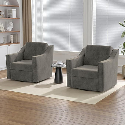 Swivel Accent Chairs Set of 2, 360° Swivel Upholstered Club Armchairs for Living Room, Comfy Single Sofa Reading Chair with Deep Seat, Metal Swivel Base, Chenille Fabric, Sand