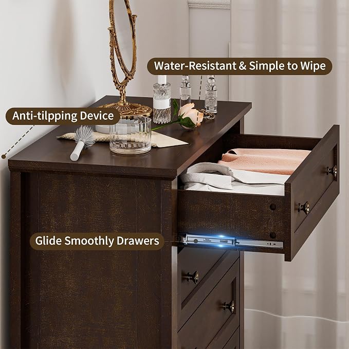 Farmhouse Dresser Nightstand Sets, 4-Piece Bedroom Furniture Set for Home | 5/6 Drawer Dresser Closet & 3 Drawer Nightstand Set of 2, Chest of Drawers for Bedroom, Living Room, Entryway, Dark Brown