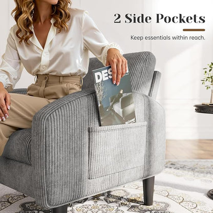 Homkdom Accent Chairs Set of 2 for Living Room,Mid Century Modern Reading Chair with 2 Side Pockets,Upholstered Armchair for Apartment,Small Room,Grey