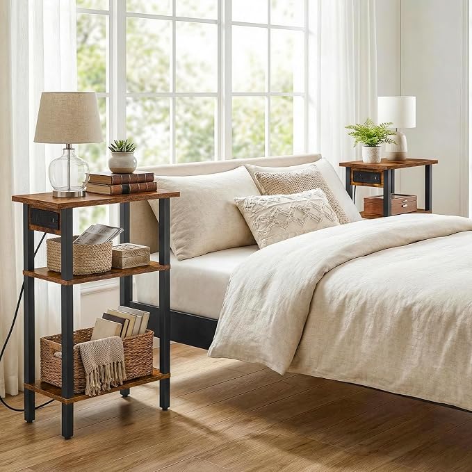 HOOBRO Narrow Side Table, Set of 2, 3-Tier Slim End Table with Charging Station, Skinny Nightstand with Open Storage, for Small Spaces, Living Room, Bedroom, Study, Rustic Brown and Black BF340UBZP201