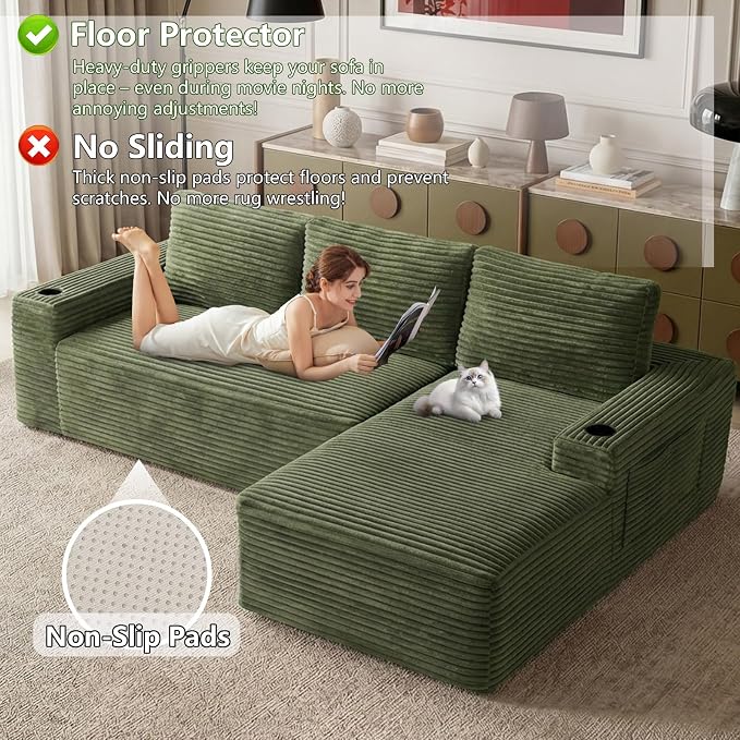 104.3" Modular Sectional Sofa,Modern Corduroy Cloud Couch with Cup Holder & Side Pockets,Boneless Couch Upholstered 4-Seater L-Shaped Sofa for Living Room,No Assembly (Green, Right-Facing Chaise) | with Cup Holder