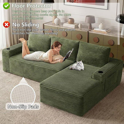 104.3" Modular Sectional Sofa,Modern Corduroy Cloud Couch with Cup Holder & Side Pockets,Boneless Couch Upholstered 4-Seater L-Shaped Sofa for Living Room,No Assembly (Green, Right-Facing Chaise) | with Cup Holder