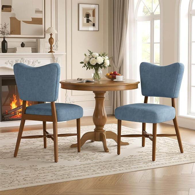 Farmhouse Dining Chairs Set of 2, Linen Seat, Wood Legs, Blue | Mid Century Modern, Upholstered Padded Cushion, Solid Wood Cross-Brace, Easy 15-Min Assembly, Kitchen Dining Room
