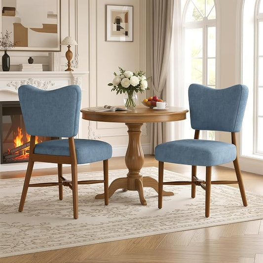 Farmhouse Dining Chairs Set of 2, Linen Seat, Wood Legs, Blue | Mid Century Modern, Upholstered Padded Cushion, Solid Wood Cross-Brace, Easy 15-Min Assembly, Kitchen Dining Room