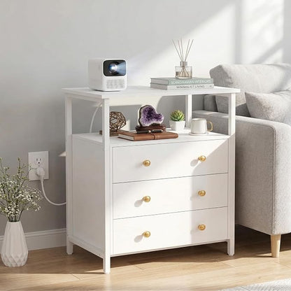 Edbuosy 3 Wooden Drawers Night Stand, 27 Inch Wide Nightstand with Charging Station and Adjustable Drawers, Small Dresser for Closet, Bedside Table for Living Room/Bedroom/Office, White