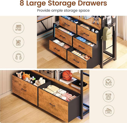 Itaar Twin Loft Bed with L-Shaped Desk & 8 Storage Drawers, Metal Kids Twin Loft Bed with Led Lights, Charging Station, Hall Tree, Safety Guard & Ladder, No Box Spring Needed, Rustic Brown