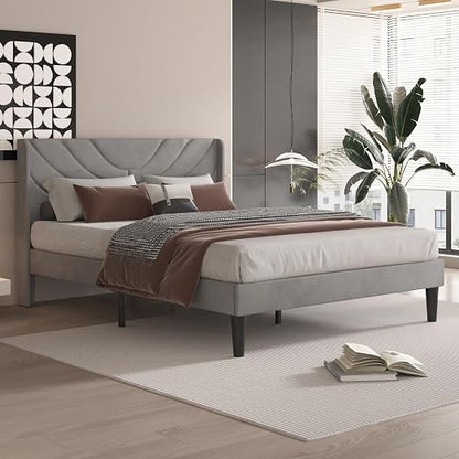 VECELO Upholstered Platform Full Bed Frame with Fabric Headboard,Wooden Slats Support/No Box Spring Needed/Mattress Foundation,Dark Grey
