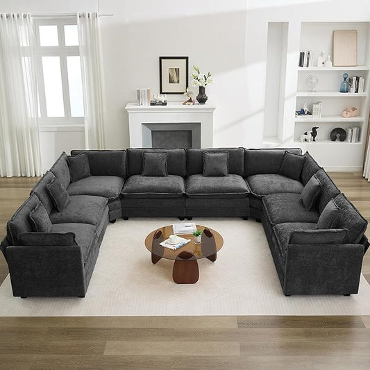 147'' Oversized U Shaped Cloud Sectional Sofa, Chenille Deep Seat Couches for Living Room, Comfy Upholstered Modular Sectional Sofa Couch, Dark Grey