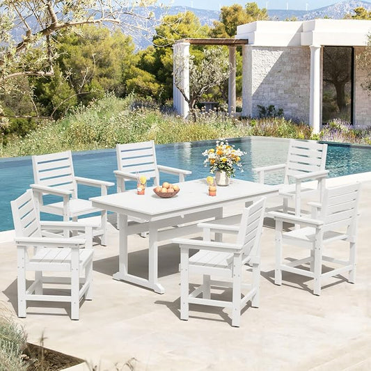 7 Piece Patio Dining Set, 66" Rectangle HDPS Weather Resistant Outdoor Table & 6 Patio Chairs Set with 1.96" Umbrella Hole, Heavy Duty Chairs for Backyard Balcony Deck, White