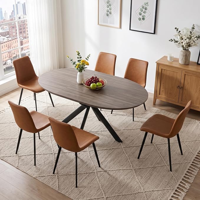 HIPIHOM 43.2"-59.1" Oak Round Extendable Table with PU Chairs Set of 7 | Includes 6 PU leather chairs, mid century modern, thickened MDF table top, scratch resistant, space saver