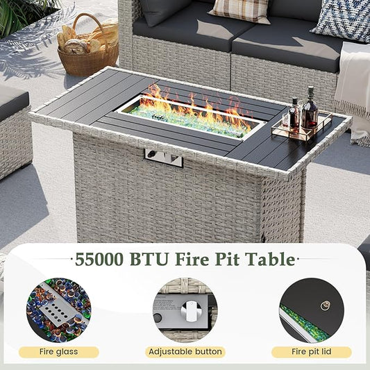 UDPATIO Patio Furniture Set with Fire Pit Table, 8 Pcs Outdoor Sectional Sofa, PE Wicker Patio Conversation Set for Garden, Backyard (Black Cushions with Light Grey Rattan)