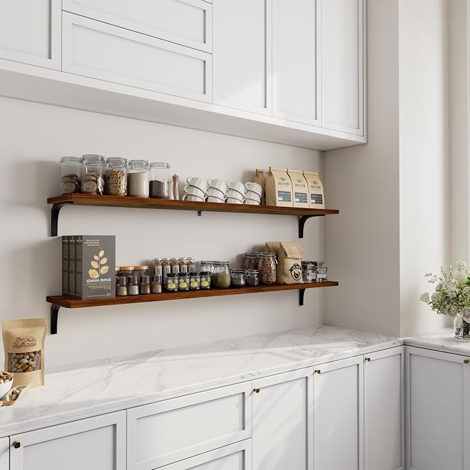 12 Inch Deep Floating Shelves Set of 2, 60 Inch Extra Wide Solid Wood Wall Shelves, 5ft Heavy Duty Wall Mounted Bookshelf with 100 lbs Capacity for Kitchen, Living Room & Bedroom