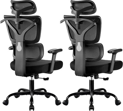 Ergonomic Office Chair High Back Desk Chair with Lumbar Support, Breathable Mesh Computer Chair with Adjustable Armrests Height, Reclining Big and Tall Gaming Chair for Home Office, (Black 2Pack