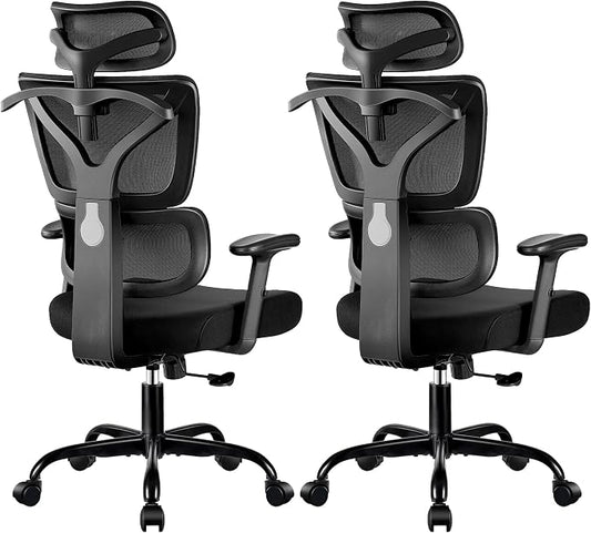 Ergonomic Office Chair High Back Desk Chair with Lumbar Support, Breathable Mesh Computer Chair with Adjustable Armrests Height, Reclining Big and Tall Gaming Chair for Home Office, (Black 2Pack