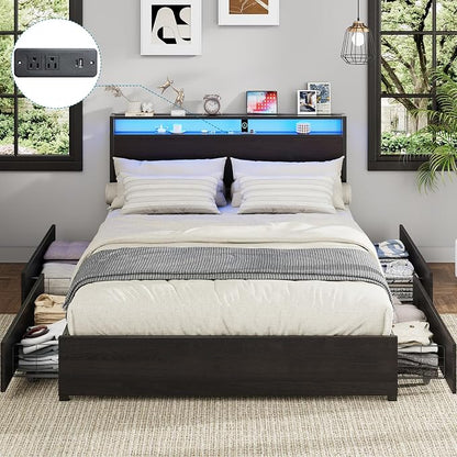 Kiivakii Queen Size Bed Frame with 4 Storage Drawers, LED Platform Bed with Headboard, Built in Charging Station, Noise-Free, Metal Support Base, No Box Spring Needed, Black