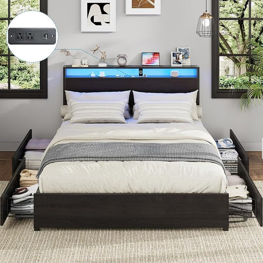 Kiivakii Queen Size Bed Frame with 4 Storage Drawers, LED Platform Bed with Headboard, Built in Charging Station, Noise-Free, Metal Support Base, No Box Spring Needed, Black