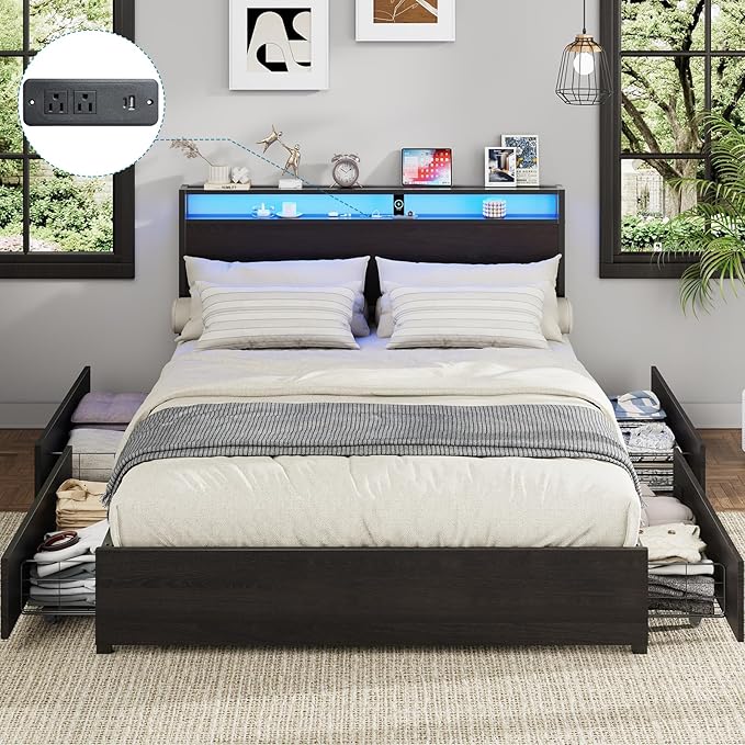 Kiivakii Full Size Bed Frame with 4 Storage Drawers, LED Platform Bed with Headboard, Built in Charging Station, Noise-Free, Metal Support Base, No Box Spring Needed, Black
