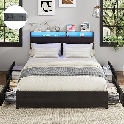 Kiivakii Full Size Bed Frame with 4 Storage Drawers, LED Platform Bed with Headboard, Built in Charging Station, Noise-Free, Metal Support Base, No Box Spring Needed, Black