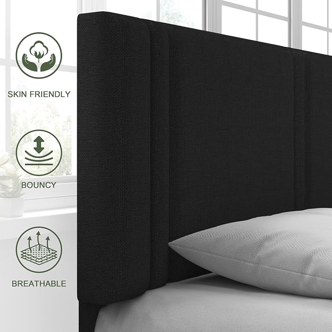 Feonase Full Size Platform Bed Frame, Fabric Upholstered Full Bed Frame, Solid Wood Slats & Heavy Duty Feet Support, No Box Spring Needed, Noise-Free, Easy Assembly, Black