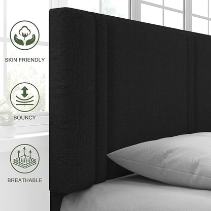 Feonase Full Size Platform Bed Frame, Fabric Upholstered Full Bed Frame, Solid Wood Slats & Heavy Duty Feet Support, No Box Spring Needed, Noise-Free, Easy Assembly, Black
