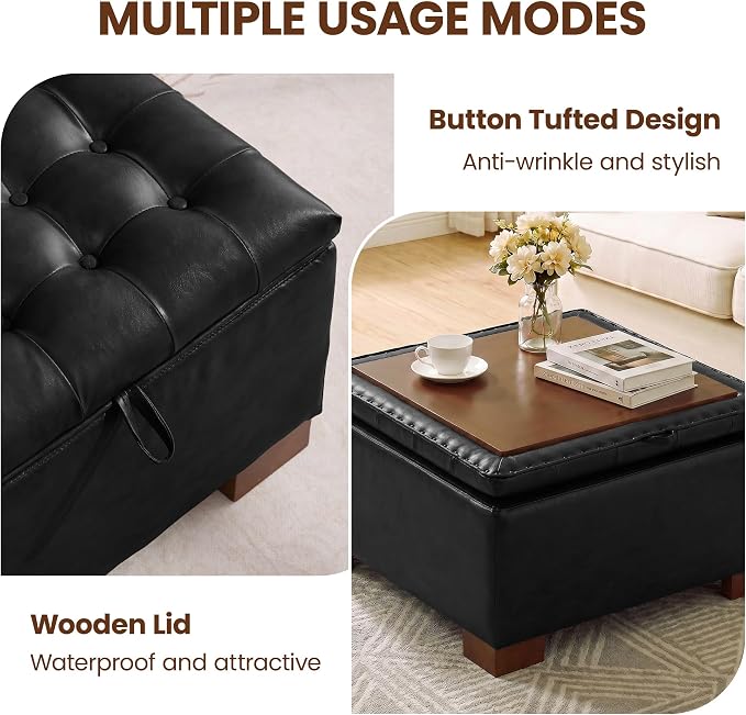 30 Inch Square Storage Ottoman Coffee Table, Modern Tufted Upholstered Ottoman with Flip Tray and Solid Wood Legs, Suitable for Living Rooms, Faux Leather Black
