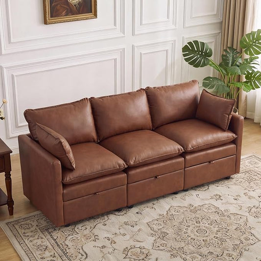 80" Brown Faux Leather Storage 3 Seater Sofa, Modular Sectional Cloud Sofa | Modern Deep Seat Cloud Upholstered Sofa with Armrest, Convertible 3 Seater Comfy Sofa for Living Room, Bedroom, Small spaces
