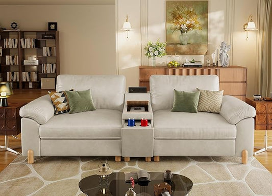 SITJOY Large Cloud Couch, 100" Wide Loveseat Sofa, Faux Leather in White | Pet-Friendly Scratch-Resistant Leather Sectional Sofas for Living Room, Deep Seat Wide Couch with Cuphoders