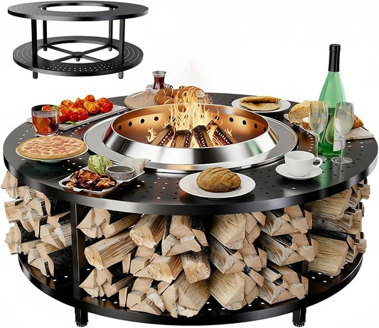 Fire Pit Surround Tabletop for Solo Stove Bonfire 1.0&2.0,Ranger 1.0&2.0, 41" Fire Pit Surround Tabletop with Wood Storage Shelf,Powder-Coated Steel Surround Tabletop with Extra Space and Raised Stand