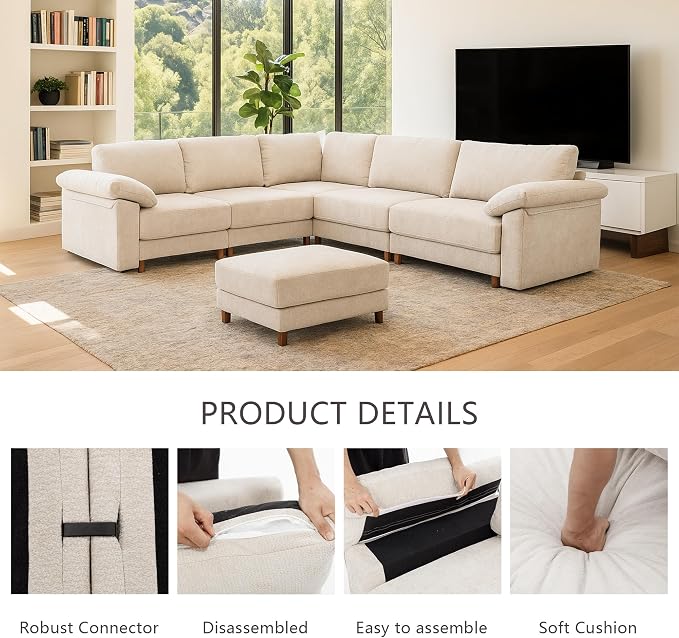 Oversized Modular Cloud Couch with Removable Washable Cover, L/V-Shaped Sectional for Large Living Room, Plush Chenille & Deep Seat（Beige）