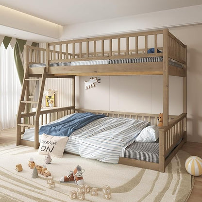 Full XL Over Queen Bunk Bed with Safety Guardrails, Solid Wood Floor Bunk Bed Frame with Sturdy Slat Support for Kids Teens Adults, Detachable Design (Walnut-tra)