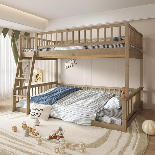 Full XL Over Queen Bunk Bed with Safety Guardrails, Solid Wood Floor Bunk Bed Frame with Sturdy Slat Support for Kids Teens Adults, Detachable Design (Walnut-tra)