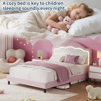 IDEALHOUSE Full Bed Frame with LED Headboard, Boucle Fabric Upholstered Platform Bed with LED Light for Kids, Girls, Wooden Slats Support, No Box Spring Needed, Pink