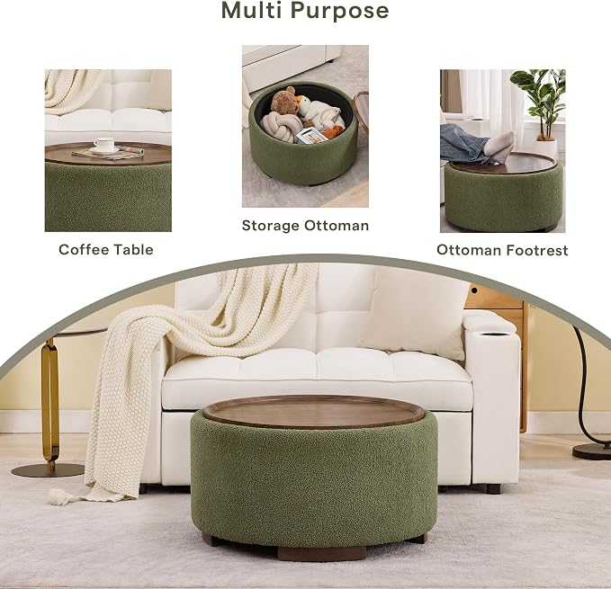29.5 Inch Round Storage Ottoman Coffee Table,Modern Circle Coffee Table with Storage with Removable Lid Top and Solid Wood Legs,Large Round Ottoman for Bedroom,Living Room,Teddy Fleece,Green