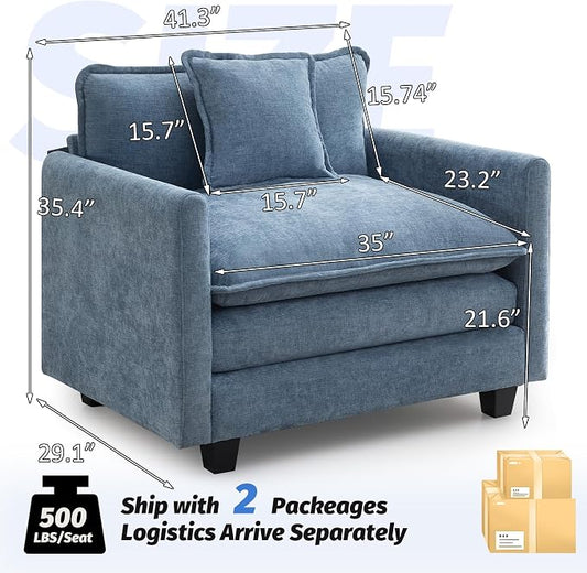 WUTUTUEE 41'' Modern Chenille Oversized Chair, Upholstered Accent Living Room Chair with Extra Thicked Deep Seat, Single Lounge Chair for Bedroom, Small Apartment, Blue
