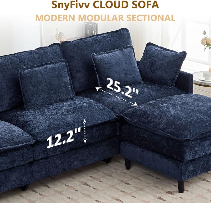 113" Chenille Modular Sectional Sofa, Convertible L Shaped Modular Sofa Comfy Cloud Couch with Ottoman, Side Pockets and 5 Throw Pillows for Living Room (Blue, 150.6" - 6 Seats)