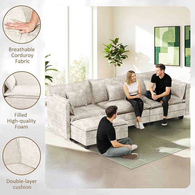 LEVELEVE 112.5" L-Shape Modular Sofa with 1 Ottomans, Deep Seat Cloud Convertible Sleeper, 3 Throw 2 Arm Pillows, Comfortable Upholstered Furniture for Living Room Apartment, Beige