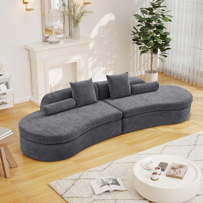 126" Curved Modular Sectional Sofa, Chenille Upholstered Cloud 4 Seater Couch for Living Room, No Assembly Modern Love Seat Sofa with 2 Bolster Pillows & 2 Square Pillows, High-Density Foam, Gray
