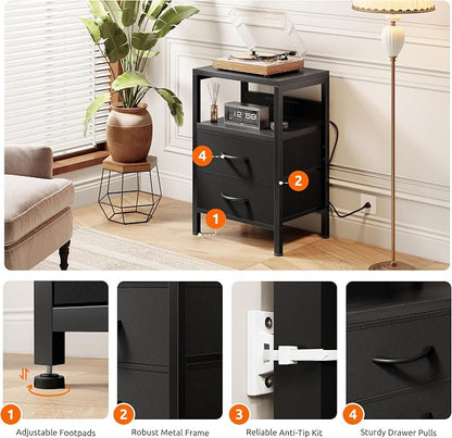 Lazzanto Nightstand Bedside Charger Table for Bedroom - Night Stand with Charging Station, Modern Nightstand with Open Shelf & 2 Fabric Drawers, Bed Side Table with USB-C Port for Dorm, Black