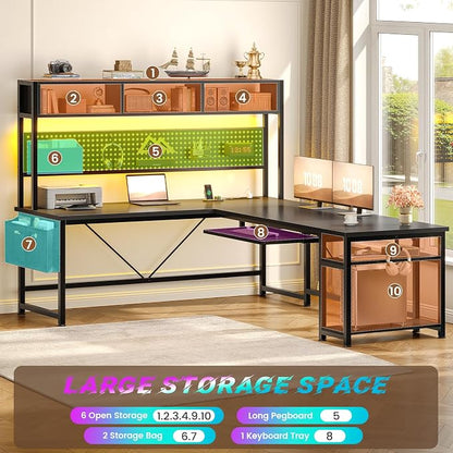 SEDETA L Shaped Gaming Desk, Reversible Computer Desk with Power Outlet and Pegboard, Gaming Desk with Led Lights, Keyboard Tray and Storage Bag for Home Office, Black