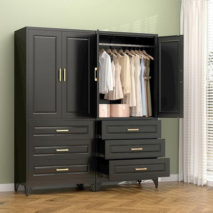 Polup Metal Armoire Wardrobe Closet with Three Drawers, 71“ Tall Large Wardrobe Cabinet with Doors and Hanging Rod, Freestanding Steel Clothes Cabinet for Bedroom, Office, Laundry Room, Black