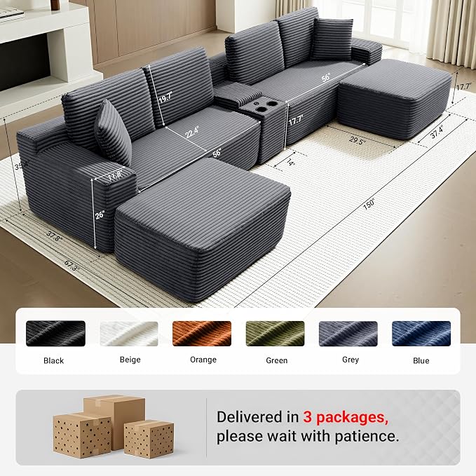 ivoros 150 Inch Modular Sectional Sofa Couch, Oversized Modern Cloud Couch for Living Room, U Shape Couches with 2 Ottomans, USB Ports and Cup Holders, Grey Corduroy Boneless Sofas, Sofa in a Box